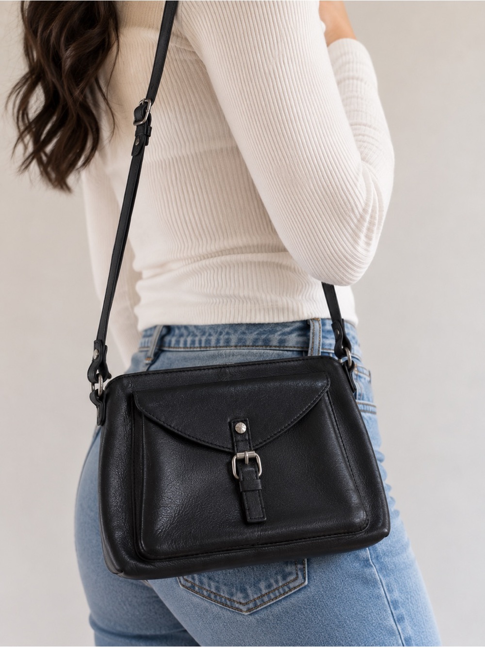 Patricia Nash Black Leather Crossbody with Front Buckle Pocket